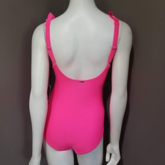 DKNY Ruffle Plunge Underwire Tummy Control One-Piece Swimsuit Neon Pink - Picture 4 of 11